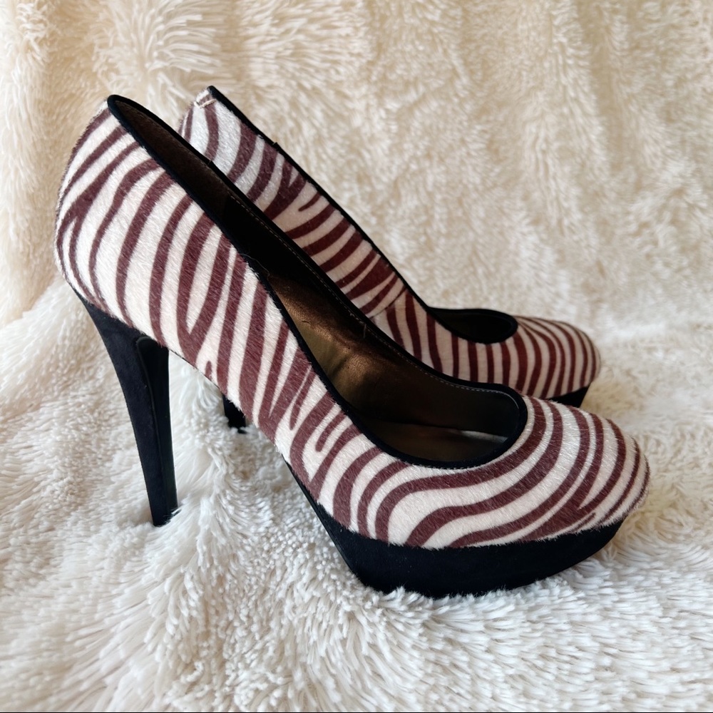 G by Guess brown zebra stripe pump stiletto platform faux fur round toe …